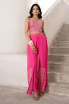 Pallavi Jaipur_Pink Tussar Cut Work Round Neck Bandee Cape Embroidered Flutter Pant Set _Online_at_Aza_Fashions