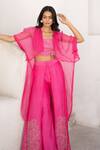 Buy_Pallavi Jaipur_Pink Tussar Cut Work Round Neck Bandee Cape Embroidered Flutter Pant Set 