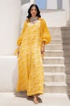 Buy_Pallavi Jaipur_Yellow Jumpsuit Silk Blend Printed Floral Fantasy Jumpsuit Plunge V With Shirt _at_Aza_Fashions