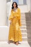 Shop_Pallavi Jaipur_Yellow Jumpsuit Silk Blend Printed Floral Fantasy Jumpsuit Plunge V With Shirt _Online_at_Aza_Fashions
