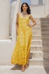 Buy_Pallavi Jaipur_Yellow Silk Plunge Neck Floral Fantasy Print Jumpsuit _at_Aza_Fashions