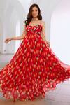 Buy_Pallavi Jaipur_Red Chiffon Pearls, Sequins V-neck Bagh Poppy Planet Print Dress _Online_at_Aza_Fashions