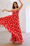 Shop_Pallavi Jaipur_Red Chiffon Pearls, Sequins V-neck Bagh Poppy Planet Print Dress _Online_at_Aza_Fashions