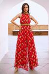 Buy_Pallavi Jaipur_Red Chiffon Beads, Embroidery Halter Neck Poppy Planet Print Jumpsuit With Belt _at_Aza_Fashions