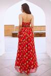 Shop_Pallavi Jaipur_Red Chiffon Beads, Embroidery Halter Neck Poppy Planet Print Jumpsuit With Belt _at_Aza_Fashions