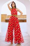 Pallavi Jaipur_Red Chiffon Beads, Embroidery Halter Neck Poppy Planet Print Jumpsuit With Belt _at_Aza_Fashions