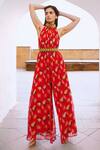 Buy_Pallavi Jaipur_Red Chiffon Beads, Embroidery Halter Neck Poppy Planet Print Jumpsuit With Belt 