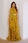 Buy_Pallavi Jaipur_Green Chiffon, Linen Bows, Pearls, Sequins Halter Poppy Planet Print Maxi Dress _Online_at_Aza_Fashions