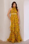 Buy_Pallavi Jaipur_Green Chiffon, Linen Pearls Halter Neck Poppy Planet Print Maxi Dress With Belt _at_Aza_Fashions