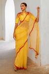Buy_Pallavi Jaipur_Yellow Organza, Tussar, Silk Sequins, Cut Embroidered Border Saree With Blouse _at_Aza_Fashions