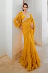 Buy_Pallavi Jaipur_Yellow Chiffon, Linen Sequins Matchstix Print Saree With Balloon Sleeve Blouse _at_Aza_Fashions