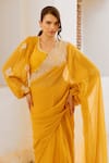 Pallavi Jaipur_Yellow Chiffon, Linen Sequins Matchstix Print Saree With Balloon Sleeve Blouse _Online_at_Aza_Fashions