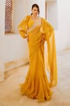 Buy_Pallavi Jaipur_Yellow Chiffon, Linen Sequins Matchstix Print Saree With Balloon Sleeve Blouse _Online_at_Aza_Fashions