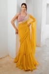 Buy Pallavi Jaipur Yellow Chiffon, Tussar, Matchstix Print Saree With Rosette Embroidered Blouse at Aza Fashions Buy_Pallavi Jaipur_Yellow Chiffon, Tussar, Matchstix Print Saree With Rosette Embroidered Blouse _at_Aza_Fashions