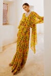 Pallavi Jaipur_Green Chiffon Beads, Fringe V-neck Poppy Planet Print Saree With Frilled Blouse _at_Aza_Fashions