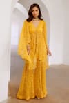 Pallavi Jaipur Yellow Chiffon, Linen Sequins, Exaggerated Sleeve Printed Tunic With Sharara Online at Aza Fashions Pallavi Jaipur_Yellow Chiffon, Linen Sequins, Exaggerated Sleeve Printed Tunic With Sharara _Online_at_Aza_Fashions