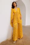 Shop Pallavi Jaipur Yellow Chiffon, Linen Sequins, Exaggerated Sleeve Printed Tunic With Sharara Online at Aza Fashions Shop_Pallavi Jaipur_Yellow Chiffon, Linen Sequins, Exaggerated Sleeve Printed Tunic With Sharara _Online_at_Aza_Fashions