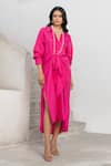 Pallavi Jaipur_Pink Tussar Silk Plain Collared Neck Tie-up Shirt Dress _Online_at_Aza_Fashions