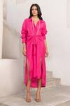 Buy_Pallavi Jaipur_Pink Tussar Silk Plain Collared Neck Tie-up Shirt Dress _Online_at_Aza_Fashions