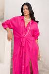 Shop_Pallavi Jaipur_Pink Tussar Silk Plain Collared Neck Tie-up Shirt Dress _Online_at_Aza_Fashions