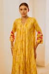 Pallavi Jaipur_Yellow Tunic Silk Blend Printed Floral Fantasy V-neck Asymmetric With Pant _Online_at_Aza_Fashions