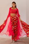 Pallavi Jaipur_Red Blouse Chanderi Printed Poppy Planet Jacket Open Pant Set _Online_at_Aza_Fashions