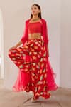 Pallavi Jaipur_Red Blouse Chanderi Printed Poppy Planet Jacket Open Pant Set _at_Aza_Fashions