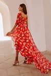 Shop_Pallavi Jaipur_Red Chiffon Printed Poppy Planet Sweetheart High-low Ruffle Dress Saree _at_Aza_Fashions