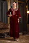 Buy_k-anshika_Maroon Velvet Embroidery Resham V Neck Kurta And Pant Set _at_Aza_Fashions