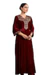 k-anshika_Maroon Velvet Embroidery Resham V Neck Kurta And Pant Set _at_Aza_Fashions