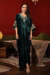 Shop_k-anshika_Green Velvet Embroidery Resham V Neck Kaftan _at_Aza_Fashions