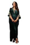 k-anshika_Green Velvet Embroidery Resham V Neck Kaftan _Online_at_Aza_Fashions