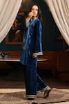 Shop_k-anshika_Blue Velvet Embroidery Resham Notched Thread Kurta Set _at_Aza_Fashions