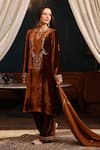 Shop_k-anshika_Brown Velvet Embroidery Resham Notched Paisley Kurta Set 