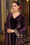 k-anshika_Wine Velvet Embroidery Resham V Neck Mughal Floral Kurta Set _Online