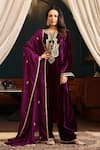 Buy_k-anshika_Purple Velvet Embroidery Resham Notched Sequin Kurta Pant Set _at_Aza_Fashions