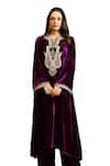 Buy_k-anshika_Purple Velvet Embroidery Resham Notched Sequin Kurta Pant Set _Online_at_Aza_Fashions