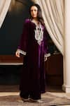 Buy_k-anshika_Purple Velvet Embroidery Resham Notched Sequin Kurta Pant Set 