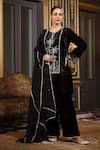 Shop_k-anshika_Black Velvet Embroidery Resham Notched Tropical Kurta Set _Online_at_Aza_Fashions