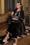 k-anshika_Black Velvet Embroidery Resham Notched Tropical Kurta Set _Online