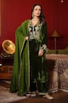 k-anshika_Green Velvet Embroidery Resham Plunge V Neck Work Kurta Set _at_Aza_Fashions