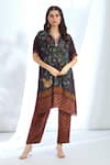 Buy_Basil Leaf_Brown Crepe Printed Flora And Fauna V-neck & Kurta With Pant _at_Aza_Fashions