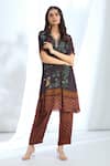 Basil Leaf_Brown Crepe Printed Flora And Fauna V-neck & Kurta With Pant _Online_at_Aza_Fashions