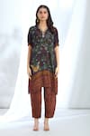 Buy_Basil Leaf_Brown Crepe Printed Flora And Fauna V-neck & Kurta With Pant 