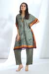 Buy_Basil Leaf_Grey Tussar Silk Printed Peacock Cutout Kaftan With Pant _at_Aza_Fashions