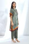 Basil Leaf_Grey Tussar Silk Printed Peacock Cutout Kaftan With Pant _Online_at_Aza_Fashions