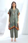 Basil Leaf_Grey Tussar Silk Printed Peacock Cutout Kaftan With Pant _at_Aza_Fashions