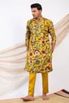 Shop_AAMRA BY LAVANYA_Yellow Silk Print Kalamkari Gulbahar Kurta With Pant _Online_at_Aza_Fashions