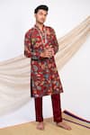 Buy_AAMRA BY LAVANYA_Maroon Silk Print Kalamkari Noor Gul Kurta With Pant _at_Aza_Fashions