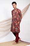 Shop_AAMRA BY LAVANYA_Maroon Silk Print Kalamkari Noor Gul Kurta With Pant _Online_at_Aza_Fashions